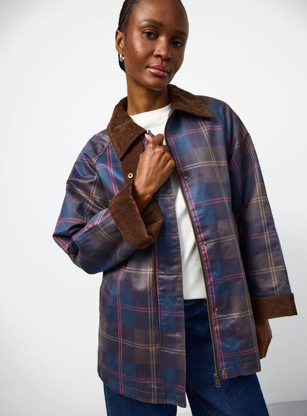 Navy Check Waxy Car Coat L